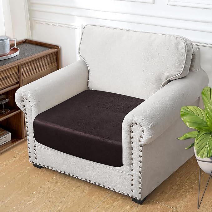 Leather Look Couch Cushion Covers Sofa Seat Slipcovers Sets Couches Furniture Protector for Sectional Armchair Loveseat Pets Kids Stretch Spandex Fabric (1 Cushion Armchair, Chocolate)