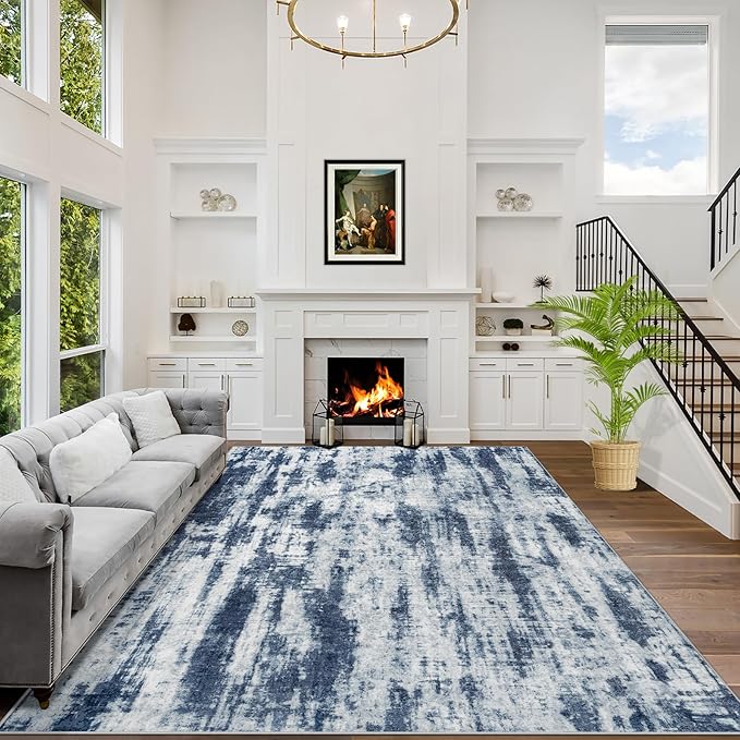 10x14 Area Rugs Washable Rug: Modern Abstract Living Room Rug Soft Anti-Skid Thin Carpet Indoor Floor Non-Shedding Carpets for Bedroom Dining Room Farmhouse Nursery Home Office Blue Grey