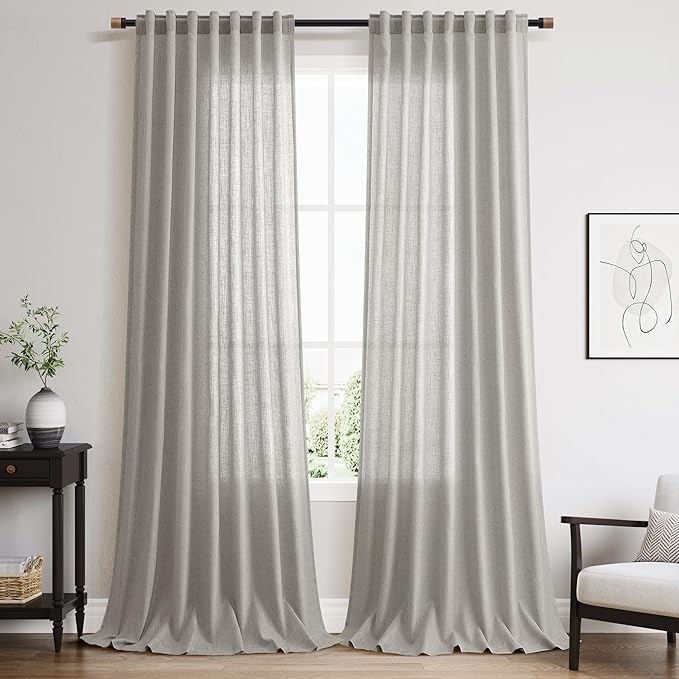 Nanspring Light Gray Linen Curtains 90 Inches Long for Living Room Simple Modern Farmhouse Linen Coastal Decor Back Tab Rod Pocket Light Filtering Semi Sheer Grey Curtain for Bedroom 52x90, 2 Panels