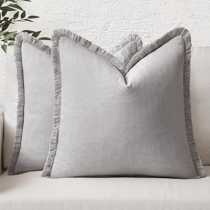 MIULEE Decorative Throw Pillow Covers Neutral Linen Fringe Throw Pillows Euro Shams Set of 2 Light Grey Boho Farmhouse Cushion Covers for Couch Sofa Bed Living Room Spring Home Decor 24x24 Inch