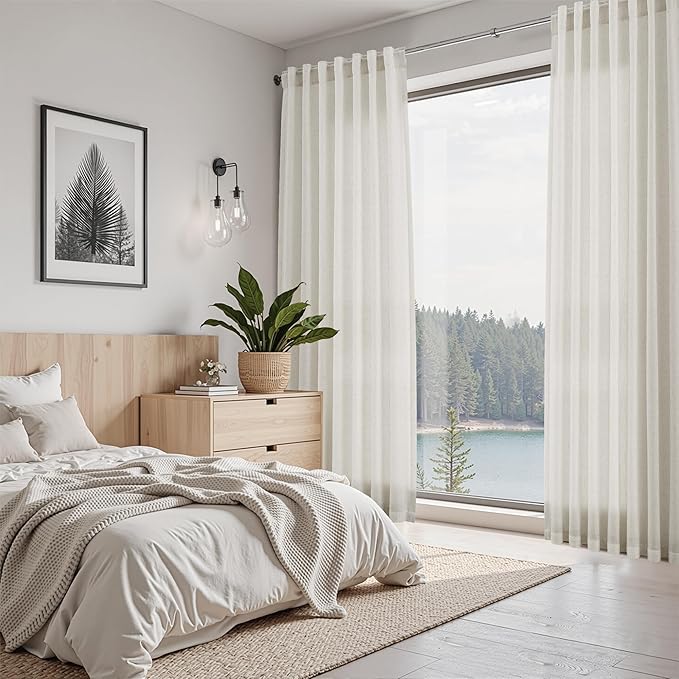 Nanspring Mousse White Linen Curtains 96 Inches Long for Living Room Simple Modern Luxury Light Filtering Semi Sheer Curtain Back Tab Neutral Coastal Decor Drapes for Bedroom Office 52x96, 2 Panels