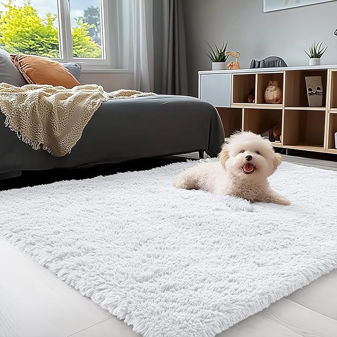 OLANLY 3x4 Machine Washable Accent Rug, Soft Fluffy Shaggy Area Rug for Bedroom, Living Room, Indoor Floor Carpet for Kids, Nursery, Home Decor, White