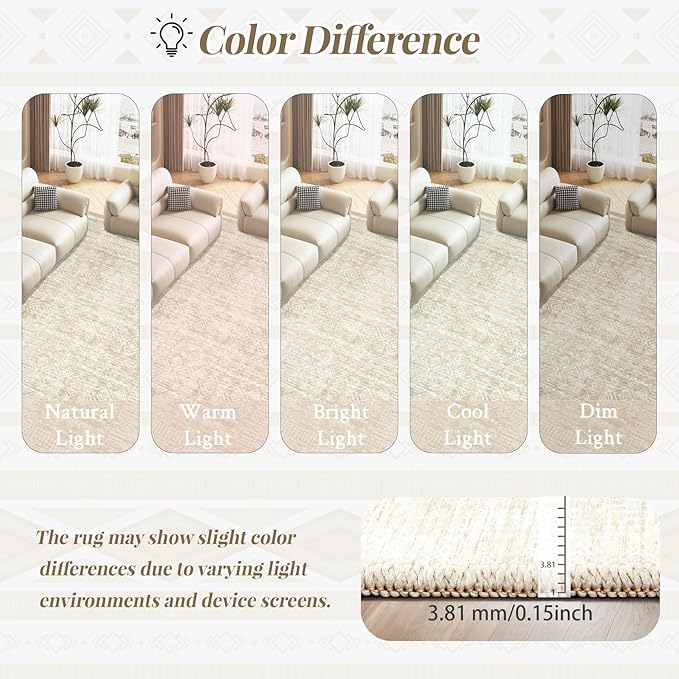 Living Room Rugs 8x10: Washable Moroccan Geometric Boho Rug Farmhouse Non Slip Stain Resistant Large Rug Low Pile Soft Carpet for Bedroom Dining Room Children Room (Beige,8'x10')