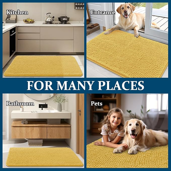 OLANLY Dog Door Mat for Muddy Paws 30x17, Absorbs Moisture and Dirt, Absorbent Non-Slip Washable Doormat, Quick Dry Chenille Mud Mat for Dogs, Entry Indoor Entryway Carpet for Inside Floor, Yellow