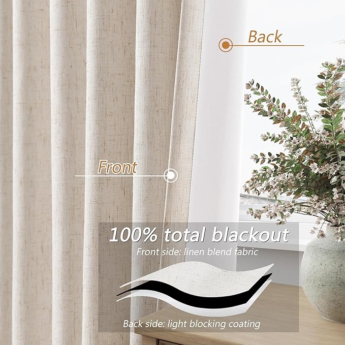 Guken 100% Blackout Curtains 42 Inch Wide by 108 Inch for Living Room Bedroom Back Tab Thermal Insulated Black Out Linen Drapes Room Darkening Window Curtains