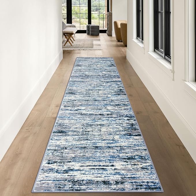 Lansny Modern Abstract Runner Rug 3x10, Grey Blue White Washable Kitchen Runner Non-Slip Soft Hallway Rug Runner Thin Print Faux Wool Carpet for Entryway Bedroom Laundry Room Indoor Home Office Decor