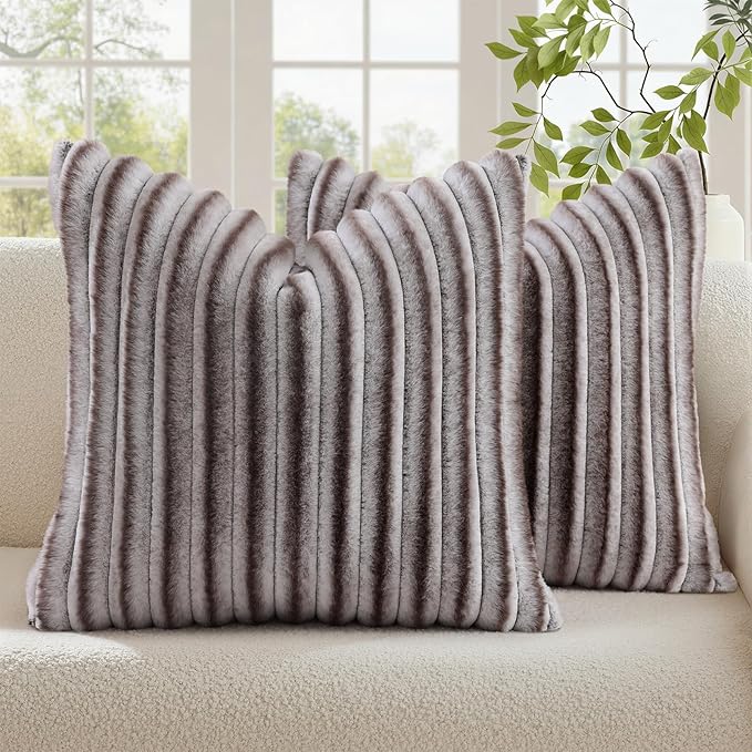 decorUhome Cozy Faux Fur Throw Pillow Covers 18x18 Set of 2 Decorative Soft Plush Striped Modern Farmhouse Boho Couch Pillow Cases with Velvet Back for Sofa Bed Living Room, Brown White