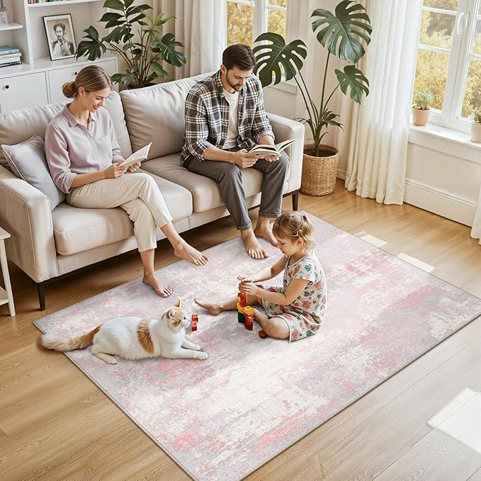 Washable Area Rugs 4'x6' Non-Slip Modern Abstract Soft for Living Room Entryway Bedroom Nursery, Print Pattern, Grey Pink