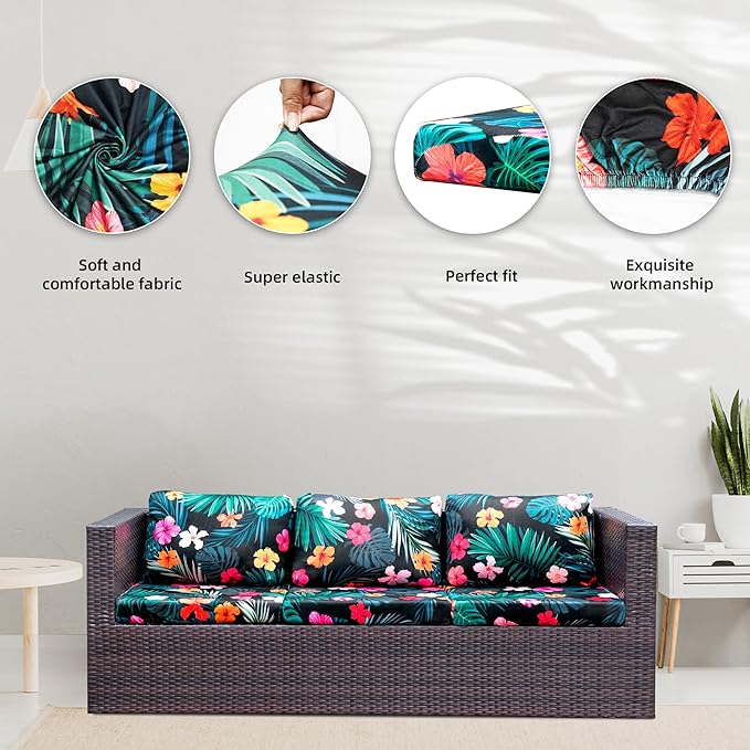 8Pcs Stretch Patio Cushion Covers,Outdoor Couch Covers Replacement,Outdoor Couch & Sofa Slipcovers,for Patio Furniture Cushion Covers,Washable Reusable urniture Protector (Flowered Leaves,Cover Only)