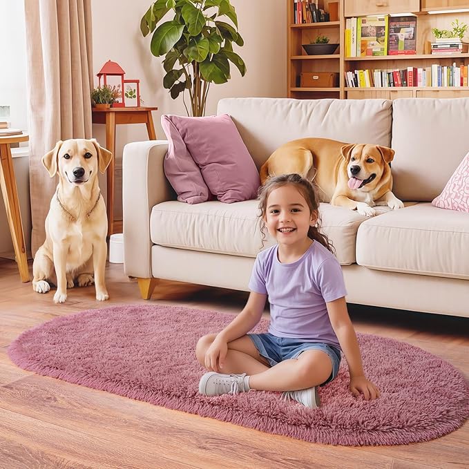 Pionblank Fluffy Oval Area Rug for Bedroom 3.3x6.2 Feet, Cute Plush Throw Rugs for Bedside, Ultra Soft Shag Carpet for Living Room Kids Room Nursery Teens Dorm Home Decor, Blush