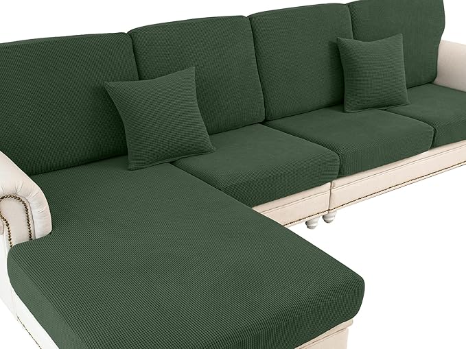 Couch Cushion Covers for Sectional Sofa L Shape Washable Separate Seat Chaise Couch Cover Stretch Sofa Slipcovers with 2 Pcs Pillowcases(2 Seater + 1 Chaise, Green)