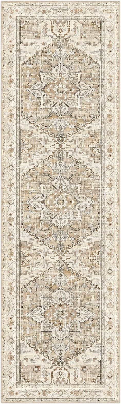 Yamaziot Washable Runner Rug, 3x10 Non-Slip Boho Vintage Hallway Rug with Rubber Backing, Low Pile Faux Wool Distressed Carpet Runner for Bedroom, Kitchen, Laundry, Entrance
