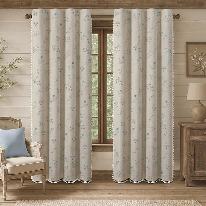 Boho Floral Spring 100% Blackout Curtains 84 Inch Length 2 Panels Set, Linen Texture Farmhouse Curtains with Beige Tassel for Living Room Bedroom, Vintage Rustic Rod Pocket,Light Blue