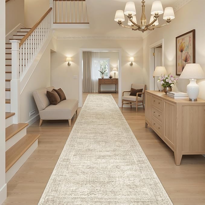 Hallway Runner 3x14 - Runner Rugs 14ft Washable Entryway Rug Vintage Kitchen Runners Non Slip Indoor Rug Farmhouse Carpet Runner for Bathroom Living Room Bedroom, Beige