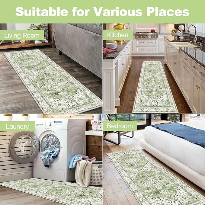 Yamaziot Washable Runner Rug, 2x6 Non-Slip Boho Vintage Hallway Rug Runner with Rubber Backing, Stain Resistant & Low Pile Faux Wool Distressed Carpet Runner for Kitchen, Laundry, Entrance