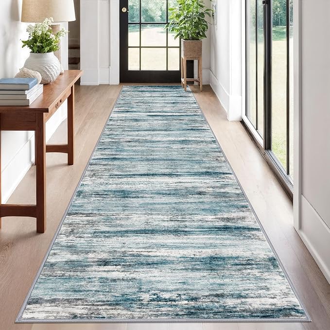 KOZYFLY Modern Abstract Hallway Runner Rug, 2.6x12 Washable Rug Runner Non-Slip Soft Striped Kitchen Runner Rugs, Print Blue Carpet Runner for Entryway Bathroom Laundry Room Foyer