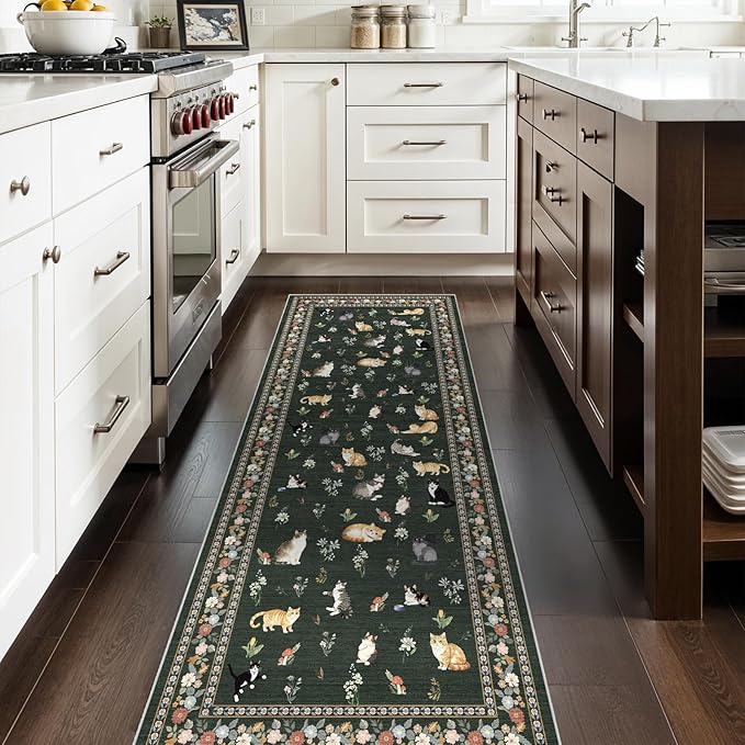 2'6"x8' Washable Kitchen Runner Rug - Soft Low Pile Floral Animal Cat Print Rugs with Non-Slip Backing Waterproof Stain-Resistant Indoor Carpet for Hallway Entryway Bathroom Bedroom (Sage Green)