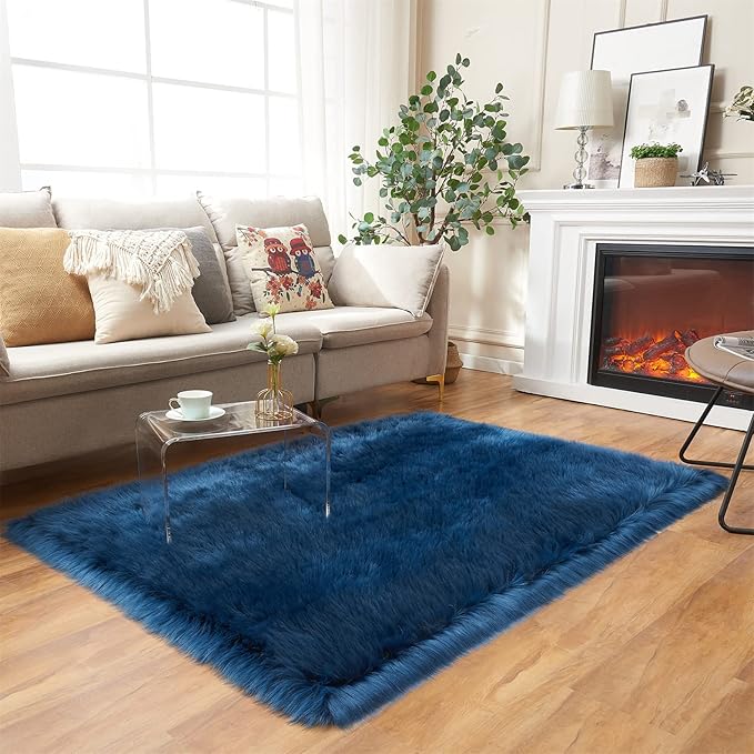 EasyJoy Ultra Soft Fluffy Shaggy Area Rug Faux Fur Rug Chair Cover Seat Pad Fuzzy Area Rug for Bedroom Floor Sofa Living Room (4 x 6 ft Rectangle,Dark Blue