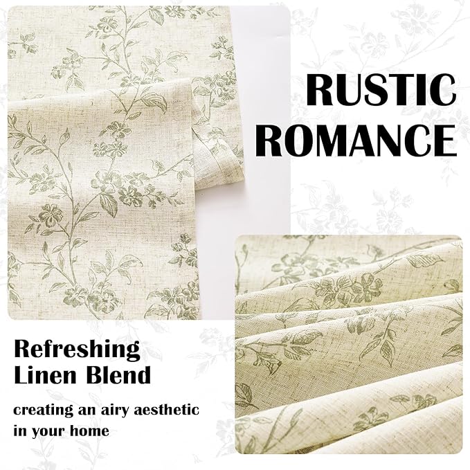 Lazzzy Green Floral Curtains 84 Inch Length Linen Farmhouse Curtain Back Tab Drapes for Living Room Bedroom Light Filtering Vintage Rod Pocket Curtains, 2 Panels, Green on Beige