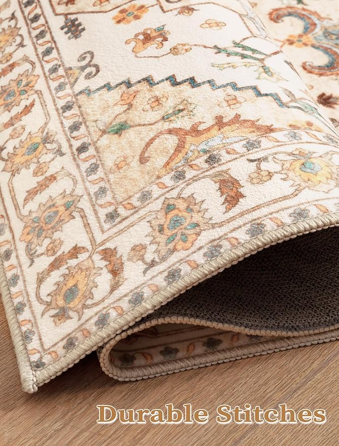 SERISSA Boho Washable Runner Rug, 2'6"x8' Rug Runner Non-Slip Vintage Light Yellow Hallway Kitchen Runner Rug Ultra Soft Print Distressed Floor Carpet Runner for Bedroom Bathroom Laundry Room