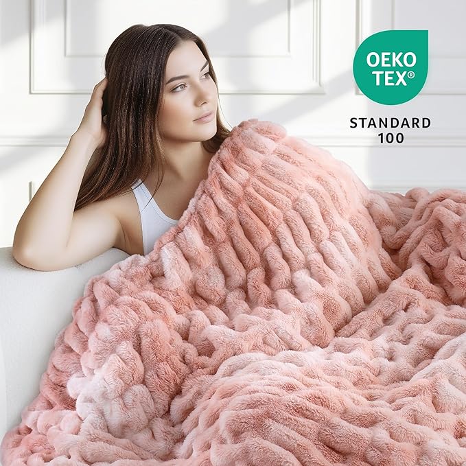 Ultra Soft Cozy Faux Fur Throw Blanket, Fuzzy Plush Thick Bubble Blanket, Oversize Luxury Fluffy Blanket for Couch, Sofa, Bedroom, and Living Room,50x60 Inches,Double Sided Tie-Dye Pink