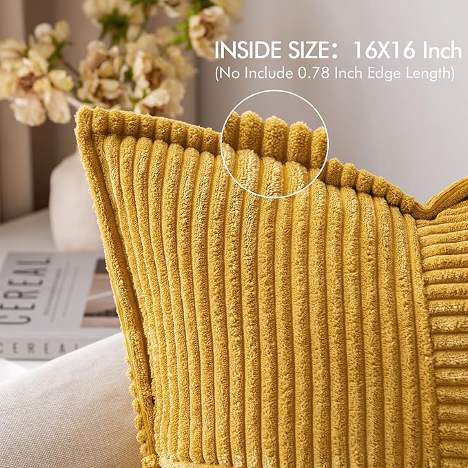 MIULEE Decorative Throw Pillow Covers for Couch Bed Livingroom 16x16 Inch Set of 2 Fall Mustard Yellow Boho Accent Throw Pllows Broadside Striped Patchwork Soft Corduroy Pillowcases