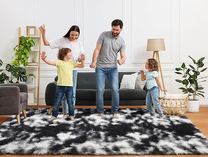 ONASAR 8x10 Area Rugs for Living Room, Black and White Large Fluffy Bedroom Rug, Soft Plush Thick Shaggy Big Floor Carpet for Kids Boy Girls Teen Dorm Nursery Indoor Home Decor Aesthetic