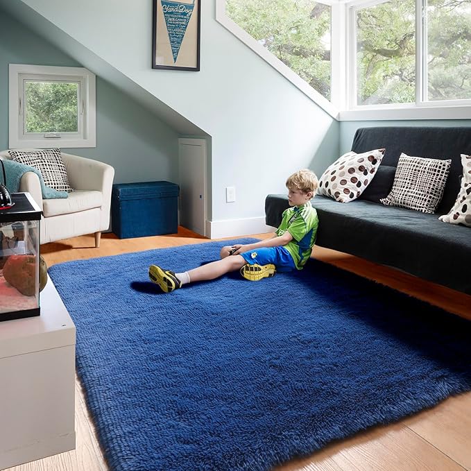 ONASAR Navy Blue 6x9 Area Rugs for Living Room Bedroom, Large Fluffy Bedside Throw Rug, Soft Plush Shaggy Fuzzy Floor Carpet for Nursery Kids Girls Boys Teen Dorm Home Office Decor Aesthetic