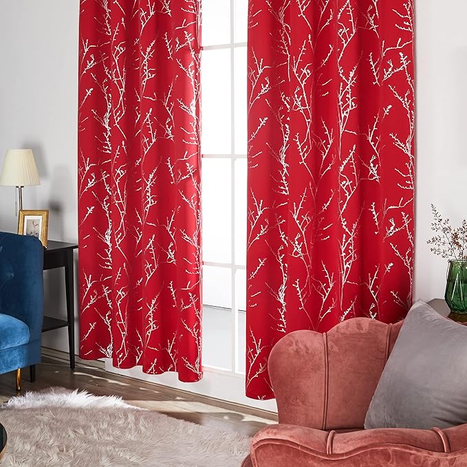 Deconovo Christmas Red Curtains, Blackout Drapes, Soundproof Curtain, Silver Print, 52 x 63 Inch Long, 2 Panels, Machine Washable Window Panel for Living Room Bedroom Festival Party Decoration Kitchen