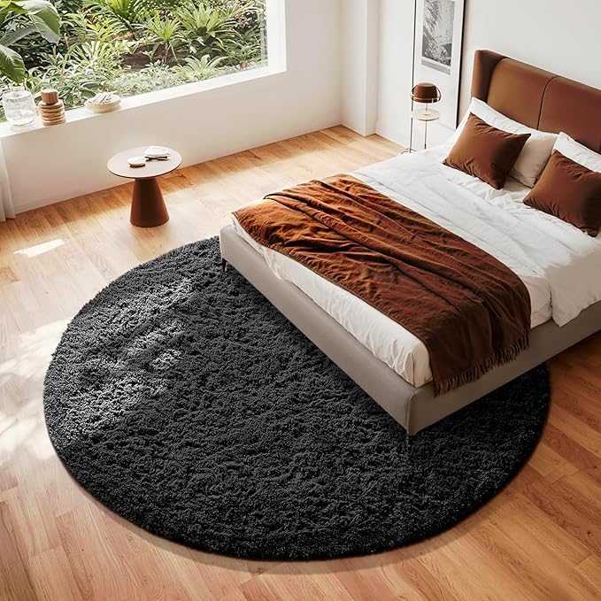 Ophanie Round Rug 8Ft Black Circle Area Rug, Room Decor for Men, Fluffy Fuzzy Bedroom Carpet, Plush Soft Shaggy Living Room Rugs for Kids Home Decor Aesthetic, Nursery