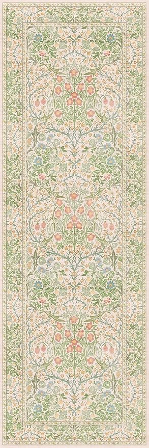 Hazo Haus Non Slip Beige Green Bathroom Runner Rug - Long Runner Rugs 24 x 72 Washable Kitchen Floor Mat, Laundry Room Rug, Hallway Runner - Vintage Floral Design Décor (2x6 Beige Green)