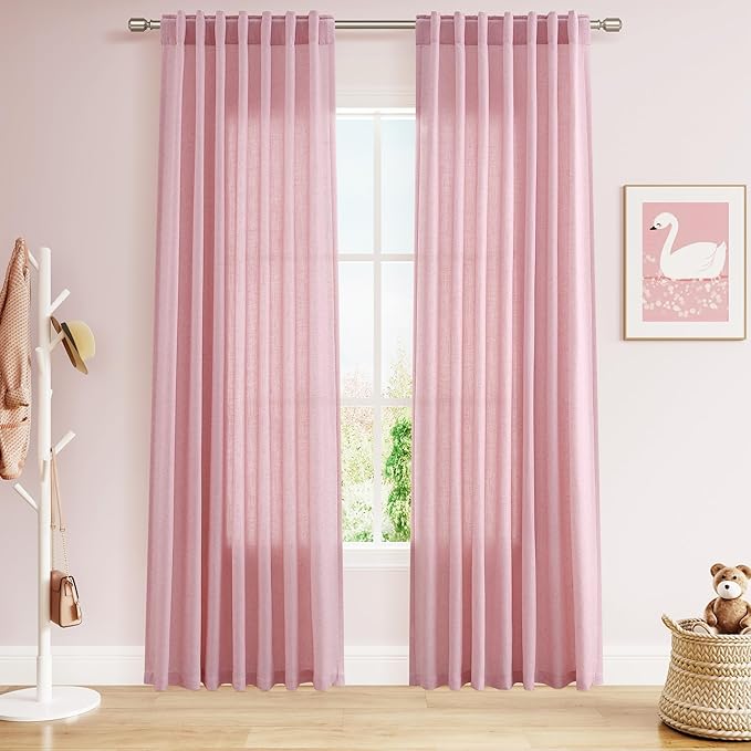 Rose Linen Curtains 84 Inch Long 2 Panel Set with Back Tab Rod Pocket Light Filtering Privacy Semi Sheer Textured for Neutral Farmhouse Style Bedroom and Living Room 52x84