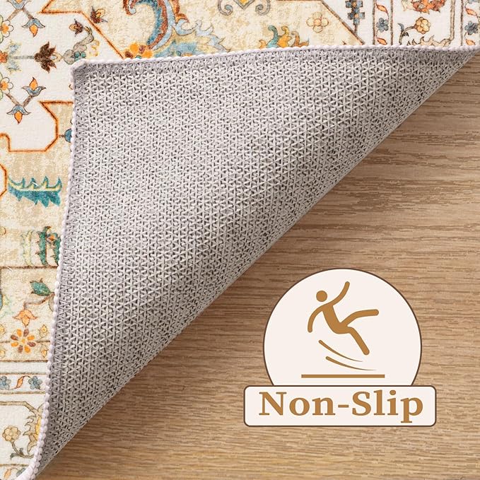 SERISSA Boho Area Rug 8x10 Light Yellow, Washable Large Rugs for Living Room, Ultra Soft Non-Slip Bedroom Rug Print Distressed Vintage Farmhouse Carpet Rug for Dining Room Dorm Office Home Decor