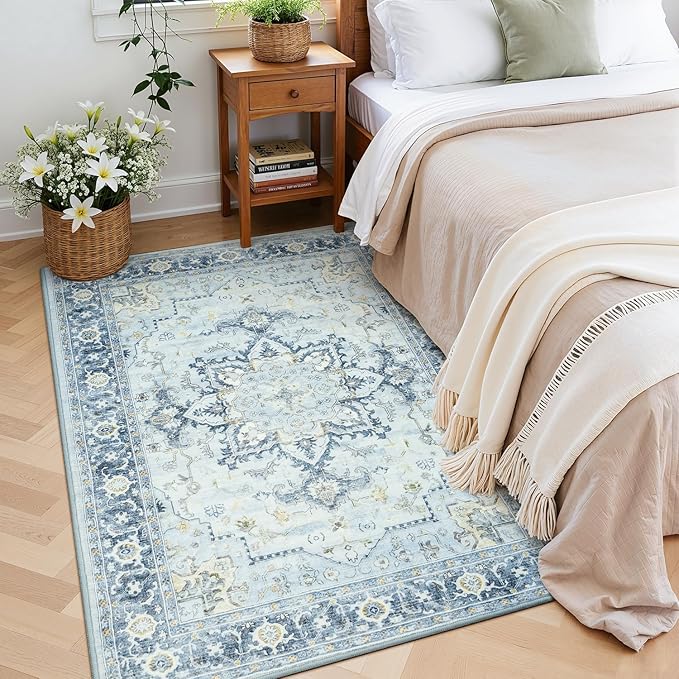 Lofus 3x5 Area Rugs for Entryway, Machine Washable Small Living Room Area Rug, Low Pile Non-Slip Rugs for Bedroom, Kitchen, Home Office, Vintage Oriental Print Rug, Blue Gold