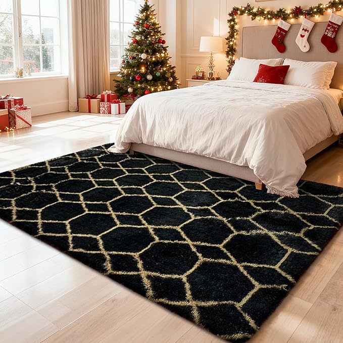 Shag Area Rug for Bedroom 4x6,Fluffy Area Rugs for Living Room,Geometric Soft Fuzzy Rug Non-Shedding Indoor Plush Carpet for Kids Bedroom Nursery Dorm Home Chiristmas,Black and Gold