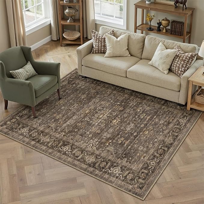5x7 Washable Area Rug for Living Room Bedroom Vintage Brown Soft Low Pile Carpet Traditional Retro Non Slip Throw Rug for Dining Room Entryway Indoor Dorm Kitchen