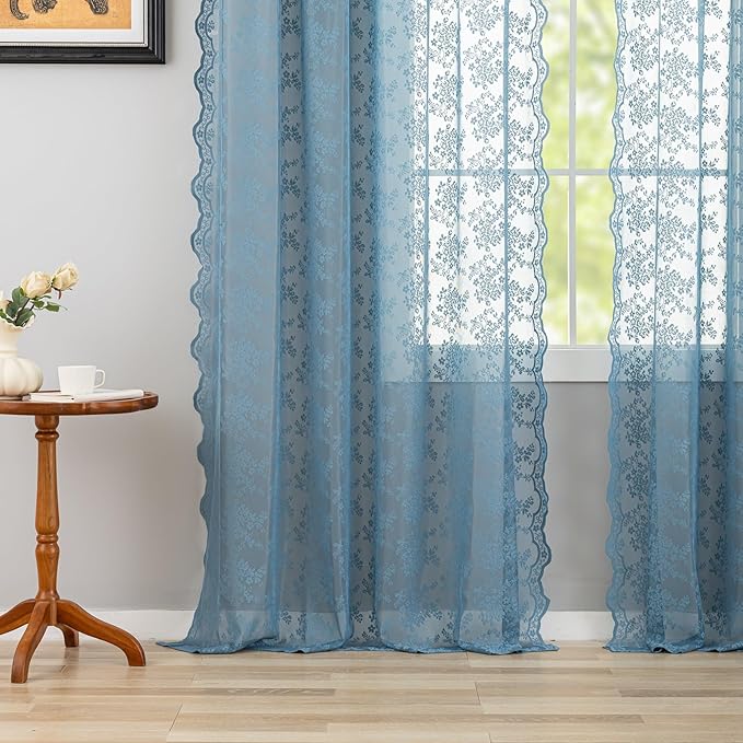 YJ YANJUN Vintage Lace Curtains 72 Inches Long 2 Panels Antique Boho Slate Blue Sheer Curtain for Playroom Living Room Bathroom Rod Pocket Semi Sheer Privacy Drapes W52 X L72 Dusty Grey Blue Denim