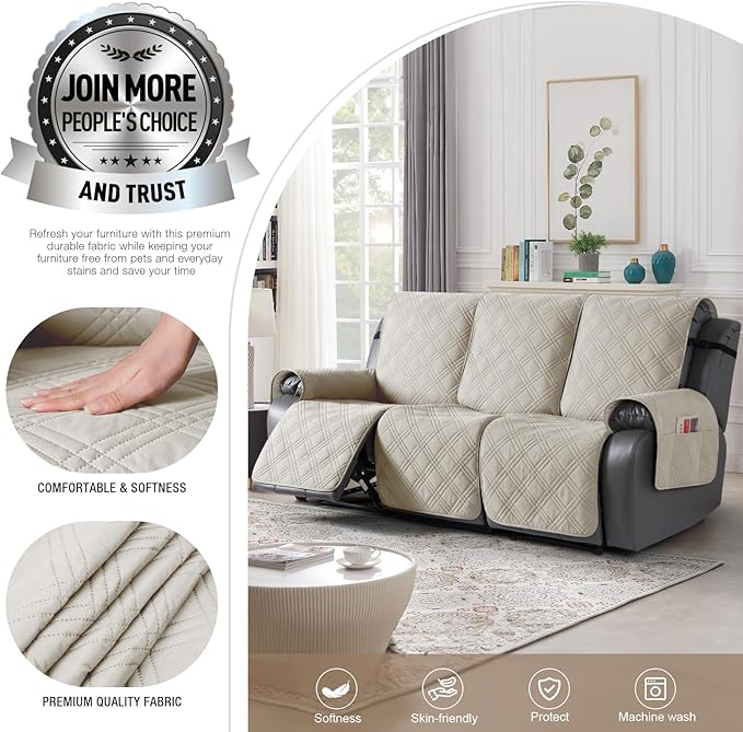 TAOCOCO 100% Waterproof Recliner Sofa Covers 3 Seater Split Couch Covers for 3 Cushion Reclining Couch with Straps, Non Slip Reclining Couch Covers Furniture Protector for Kids Pets(3 Seater, Cream)