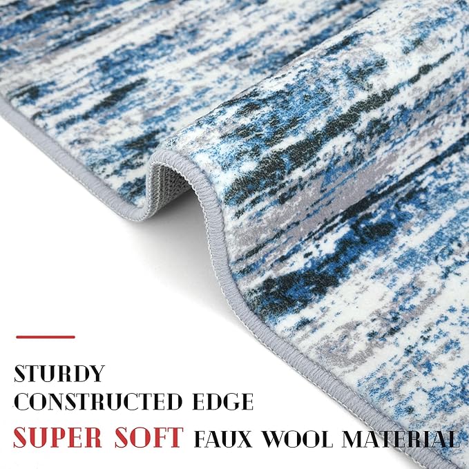 Lansny Modern Abstract Runner Rug 2.6x16, Grey Blue White Washable Long Kitchen Runner Non-Slip Soft Hallway Rug Runner Thin Print Faux Wool Carpet for Entryway Bedroom Laundry Room Indoor Home Decor