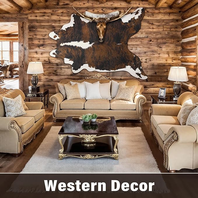 AROGAN Western Decor Faux Fur Cowhide Rug, 6.2x7 Feet Premium Animal Skin Cow Hide Rug, Sturdy Cow Print Rugs for Wall Decor, Western Floor Carpet for Bedroom Living Room, Black and Brown