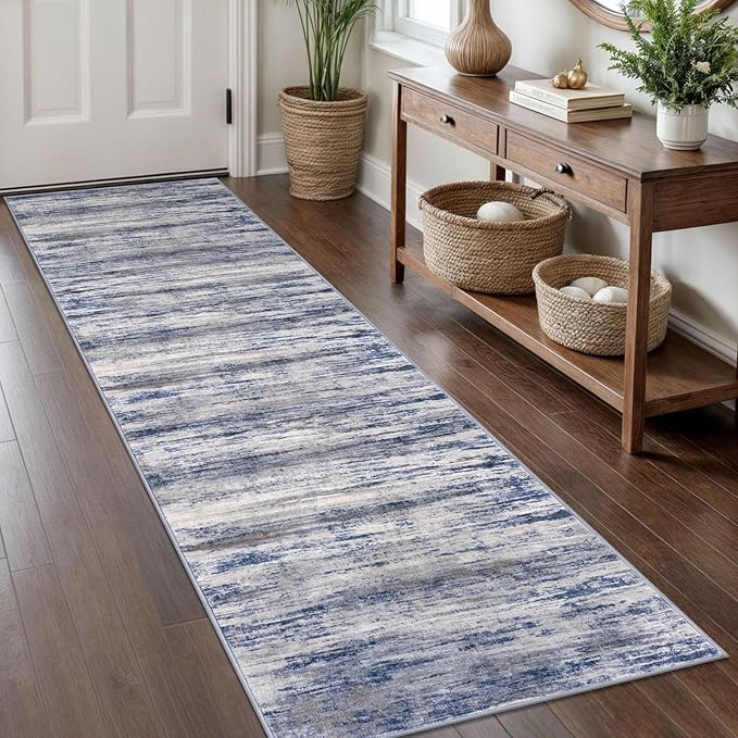 KOZYFLY Modern Abstract Washable Rug Runner 2x8 Hallway Runner Rug Non-Slip Soft Kitchen Runner Rugs, Print Grey-Blue Striped Carpet Runner for Entryway Bathroom Laundry Room Foyer