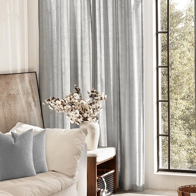 Linen Blend Grey Curtains for Living Room Back Tab Modern Farmhouse Semi Sheer Light Gray Curtains 102 inches Long 2 Panels Set Muted Neutral Cotton Texture Window Curtain for Dining Room Bedroom