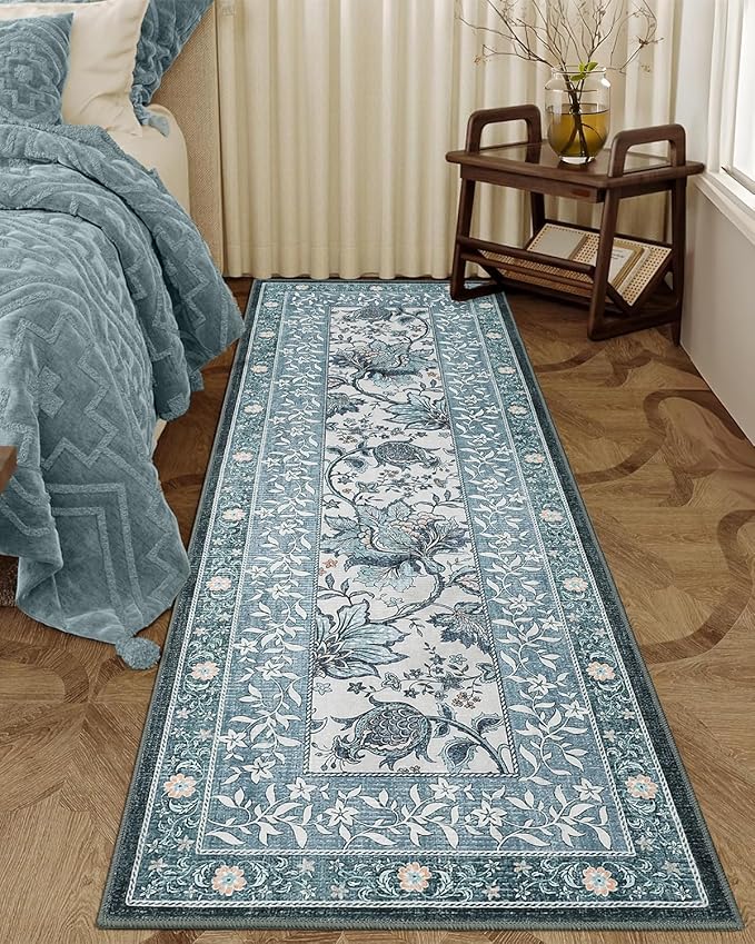 GarveeHome Provence Misty Blue 2x6 Washable Kitchen Runner Rugs Non Slip Vintage Boho Cottage Long Rug for Hallways Bedroom Entryway Bathroom Mat with Rubber Back