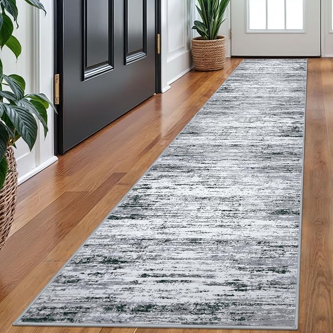 Lansny Modern Abstract Runner Rug 2x10, Black Grey White Washable Long Kitchen Runner Non-Slip Soft Hallway Rug Runner Thin Print Faux Wool Carpet for Entryway Bedroom Laundry Room Indoor Home Decor