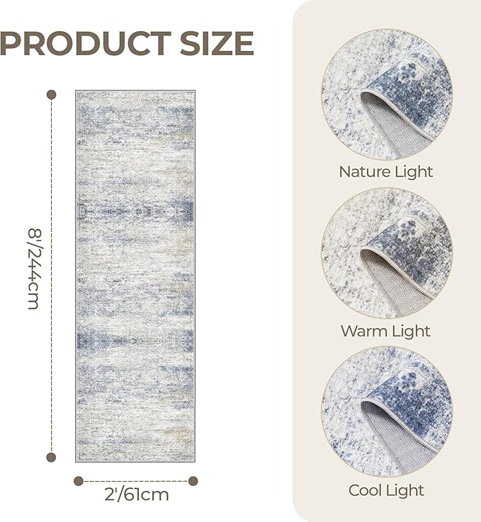Rug Runners for Hallways Non Slip - 2x8 Runner Rug for Bedroom, Washable Runner with Rubber Backing, Soft Low-Pile Carpet for Kitchen, Laundry, Bathroom (2'x8', Blue/Brown/Ivory)
