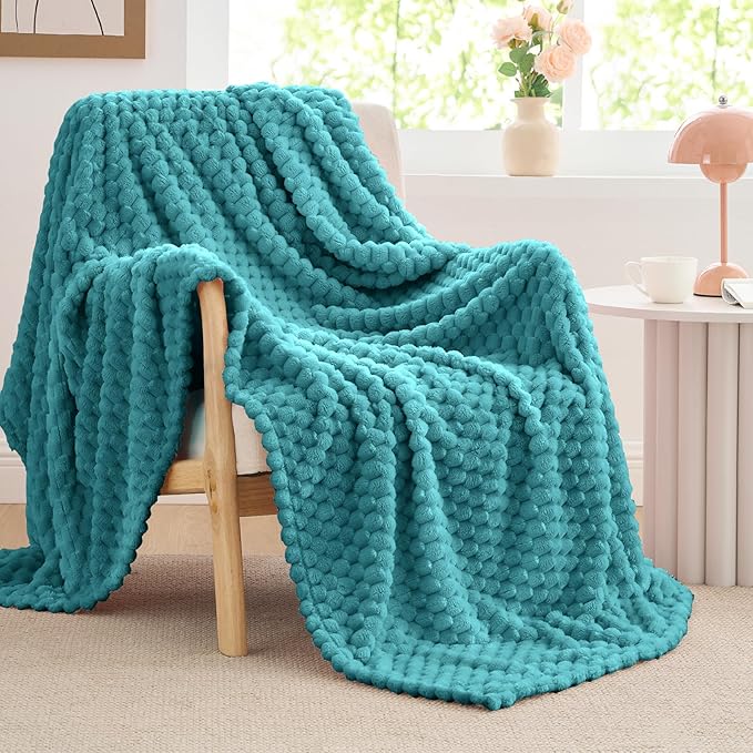 BEDELITE Fleece Twin Blanket for Couch & Bed - 3D Jacquard Decorative Teal Throw, Super Soft and Cozy Warm Fuzzy Blanket All Seasons Suitable, 60x80Inches