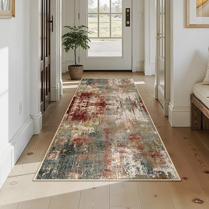 Washable Area Rugs 3x7 Non-Slip Modern Abstract Soft for Living Room Entryway Bedroom Nursery, Print Pattern, Brown Rust Red Green Blue Multi