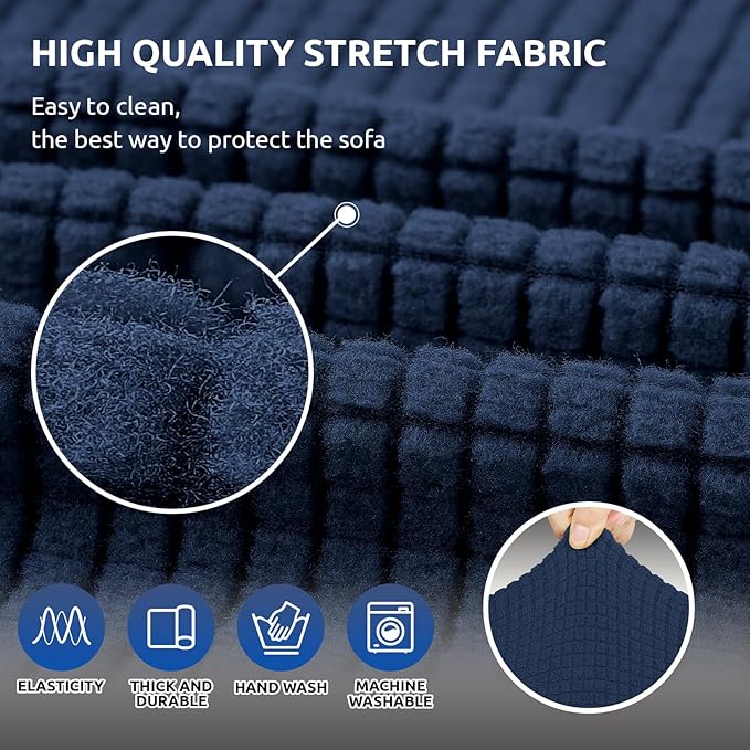 KEKUOU Stretch Sofa Cover Slipcover ，Couch Covers for 3 Cushion Couch Sofa pet Friendly (78"-94") Furniture Protector Sofa with Elastic Bottom for Kids,Dog, Jacquard Small Checked(Large,Navy Blue)