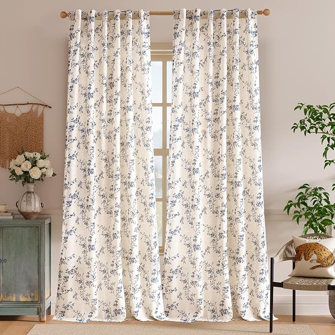Lazzzy Farmhouse Linen Curtains Extra Long Blue Floral Curtains 108 Inch Long Back Tab Drapes for Living Room Bedroom Light Filtering Country Vintage Rod Pocket, 2 Panels, Blue on Beige