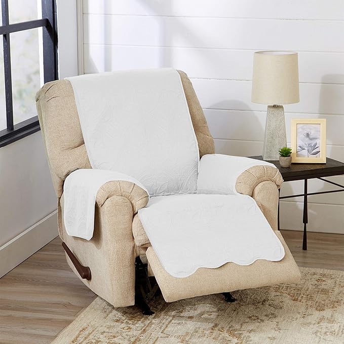 Great Bay Home Reversible Recliner Cover - Washable Slipcover Furniture Protector with Elastic Straps - Perfect for Kids & Pets - Quilted & Stitched Detail (White/Sand)